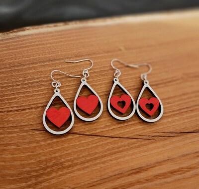 Valentine Wood Earrings, Hand-Painted, 2 Styles and Colors ,Lightweight - image1